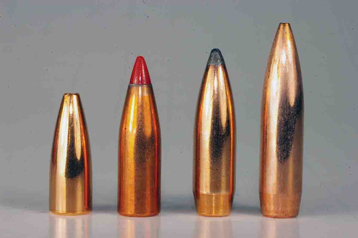 Lightweight .25-caliber bullets include (left to right): a Sierra 75-grain Varminter, a Hornady 75 V-MAX, a Sierra 100 SBT GameKing and a Sierra 120 BTHP.